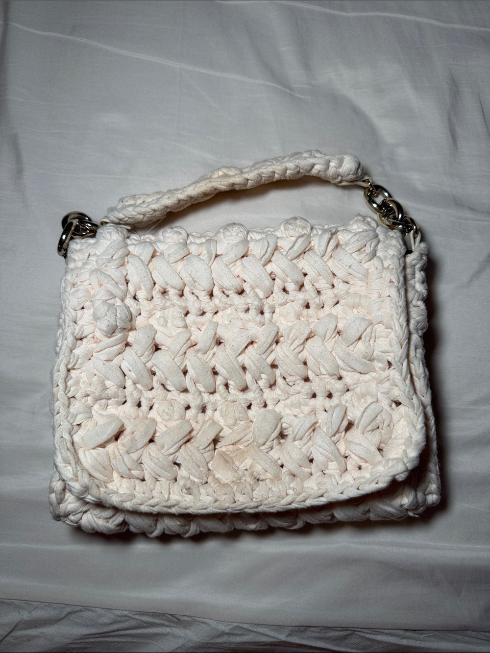 Zara Cream Crochet Shoulder Bag with Chain Hardware